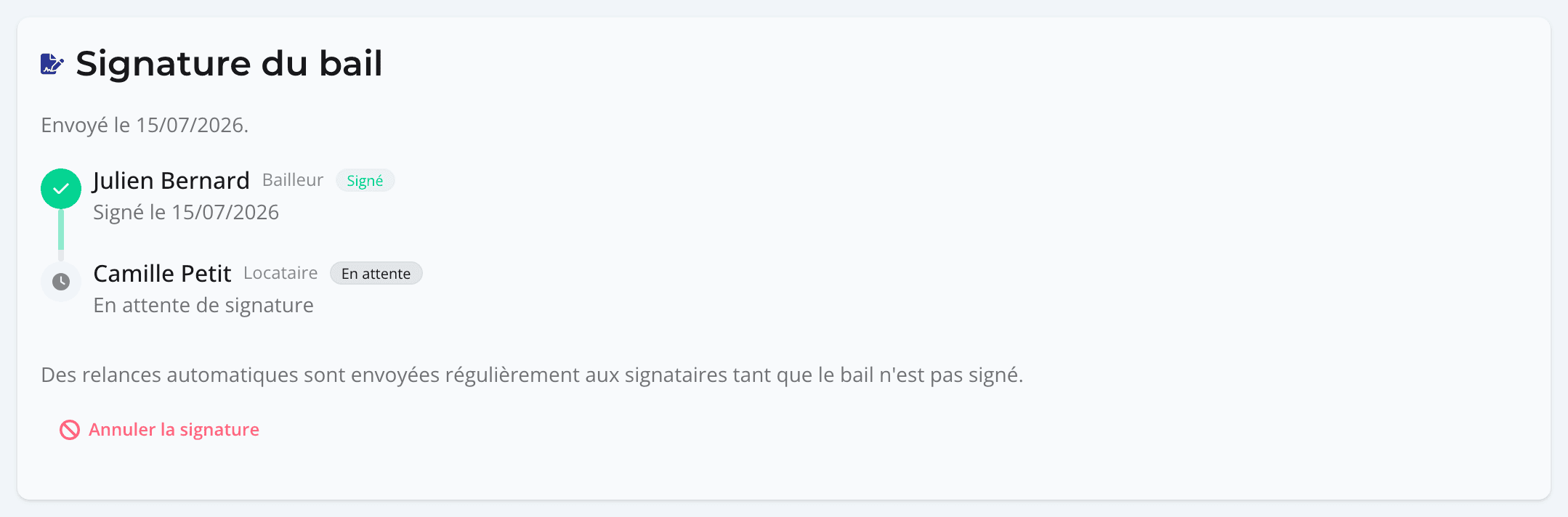 Suivi de la signature électronique d'un bail dans Locary : le bailleur a signé, le locataire est en attente, avec relances automatiques